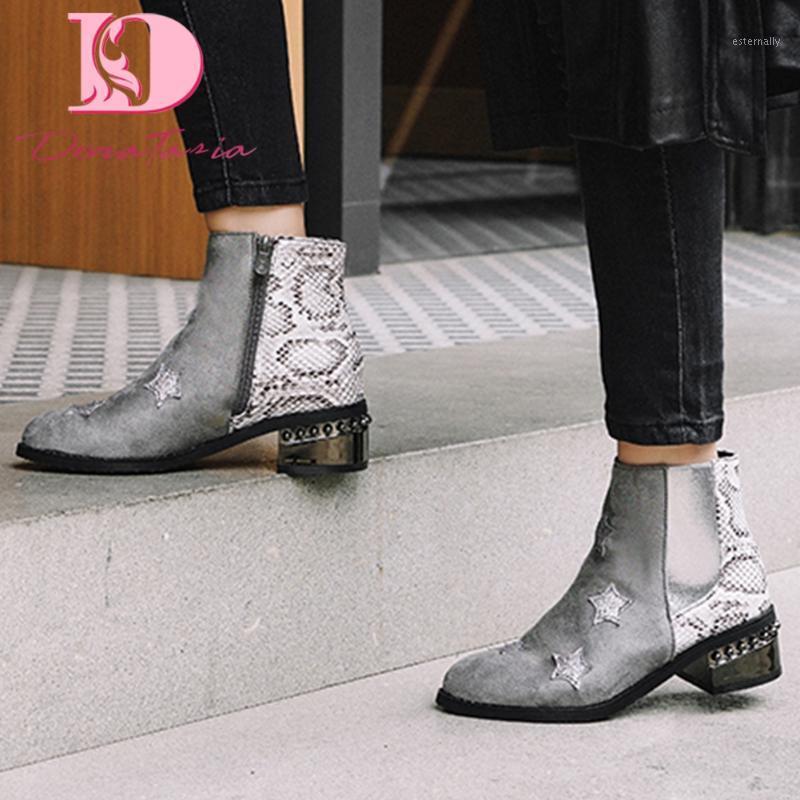 

DoraTasia Plus Size 32-48 New Fashion Female Boots Round Toe Slip On Med Heels Zip Ankle Boots Women Office Casual Woman Shoes1, Grey short plush