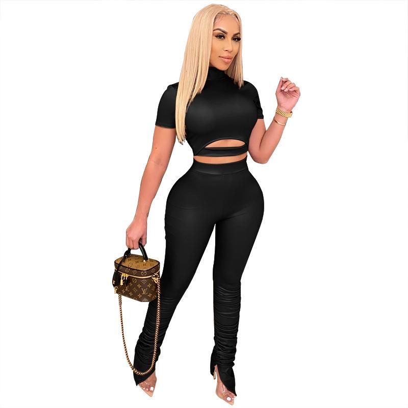 

2021 Autumn Fashion Sexy Imitation PU Two-piece Women' Short Sleeves And Pencil Pants With Slim Nightclub Women' Two-piece, Khaki