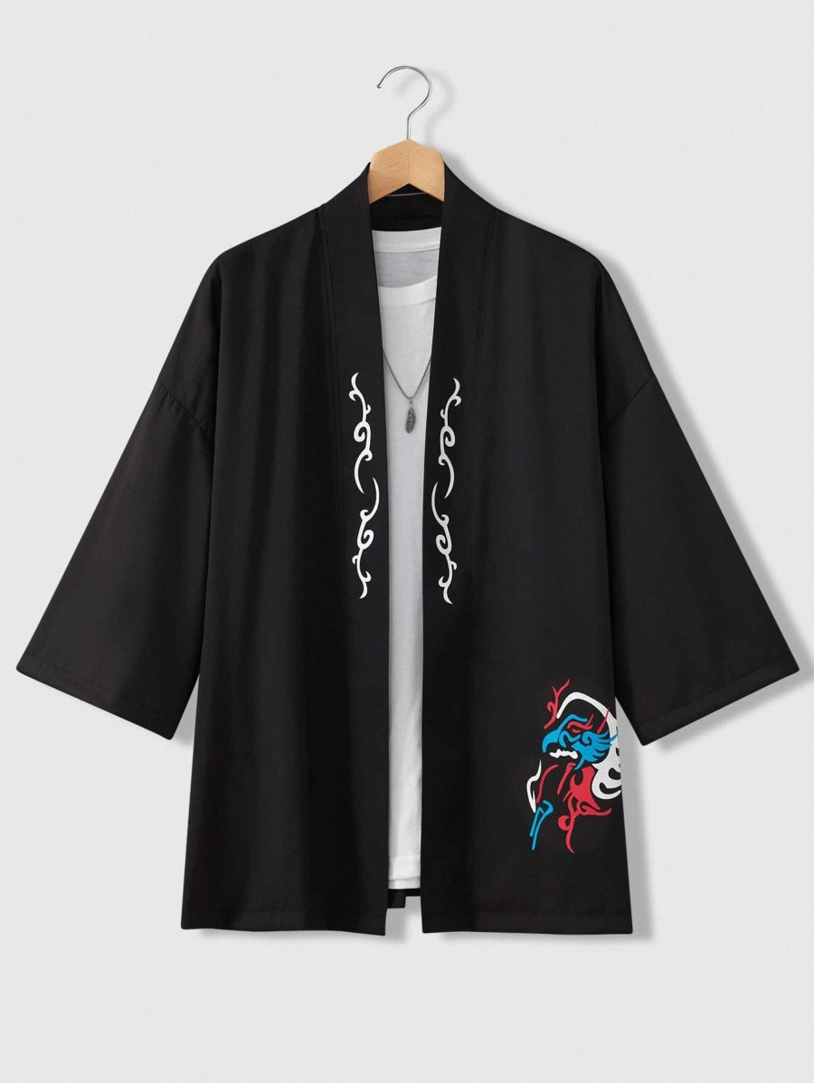 

Men Graphic Print Drop Shoulder Open Front Kimono Without Tee m9OQ#, Black