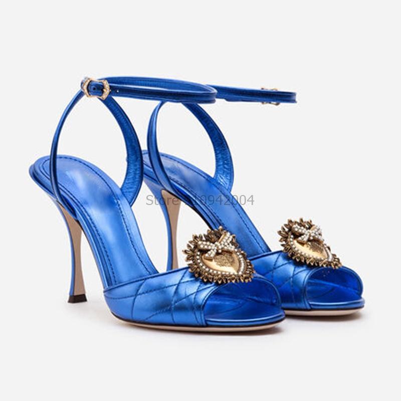 

Retro Gladiator Sandals Woman Open Toe Metal Heart Thin High Heel Shoes Luxury Women Party Shoes Blue White Silver Dress Heels, Style