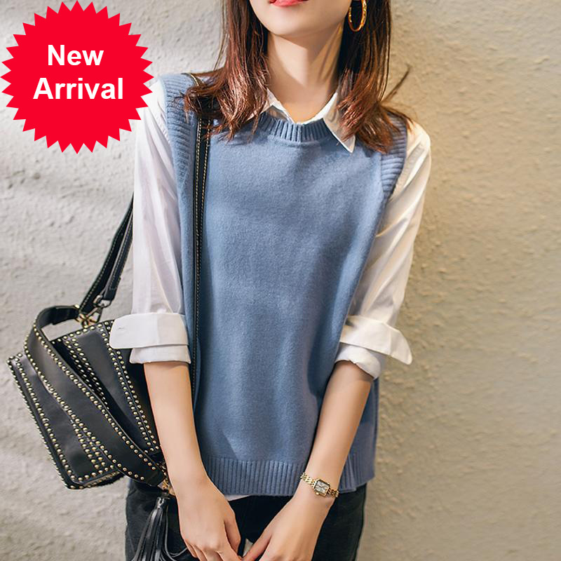 

2021 New Women's Spring Knitted Neck Long Back 3 Black Womens Crewneck Vest Wool Sleeveless Swaeter 5y9w, Hazy sky.