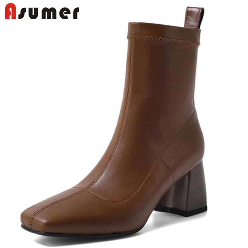 

Asumer 2021 New Arrive High Heels Ladies Stretch Boots Square Toe Fashion Brand Autumn Winter Classic Ankle Boots Women1, Brown with fur