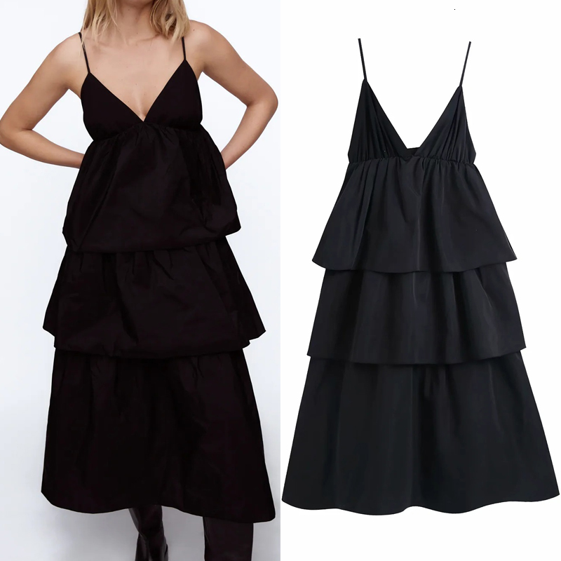

2021 New Psewe Black Sexy Party Women Vintage Sleeveless Ruffle Slip Midi Dress Woman Backless Spaghetti Strap Long Dresses Q6vt
