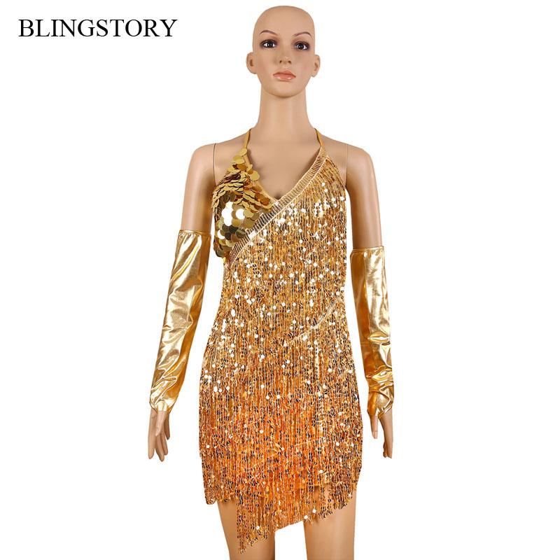 

BLINGSTORY Two Pieces Set Sexy Spaghetti Strap V-neck Tassel Competition Costume with Gloves Sequin Latin Dance Dresses Women, Gold