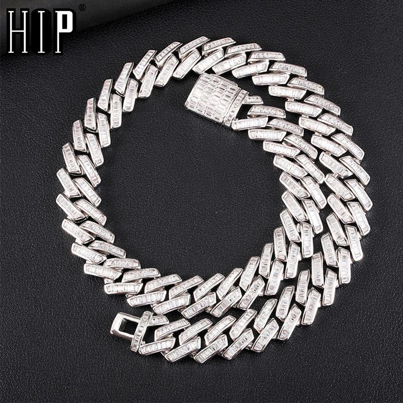

Hip Hop 15MM Baguette Bling Box Buckle Iced Out CZ Prong Copper Setting + Cubic Zirconia Stones Necklace For Men Jewelry