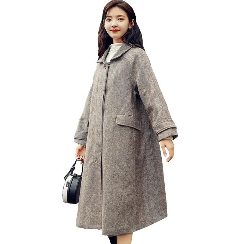 

2020 Autumn Winter Wool Blend Jacket Overcoat Loose Vintage Woollen Coat Long Overknee Thin Windbreaker Women Outerwear HJ20, Brown