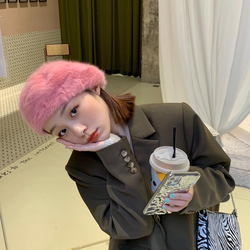 

Goth Berets Y2K Aesthetics Women's Plush Hats Autumn Berets Pink Version of British Painters Elegant Octagonal Beret with Brim