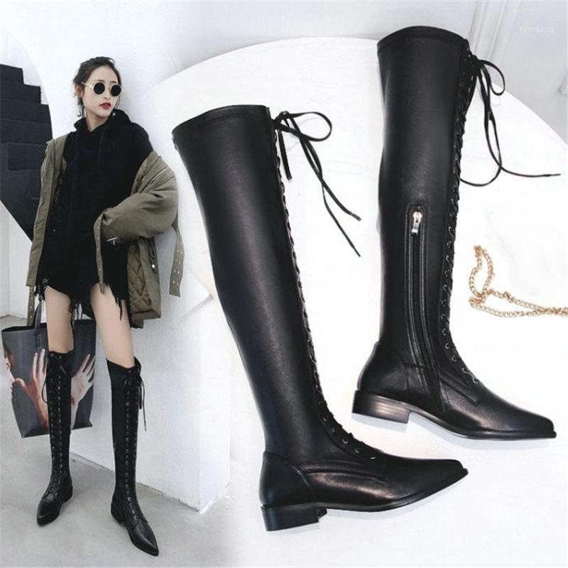 

Thigh High Boots Women Black Cow Leather Lace Up Knee Riding Booties Low Heel Tall Shaft Punk Sneaker Oxfords1