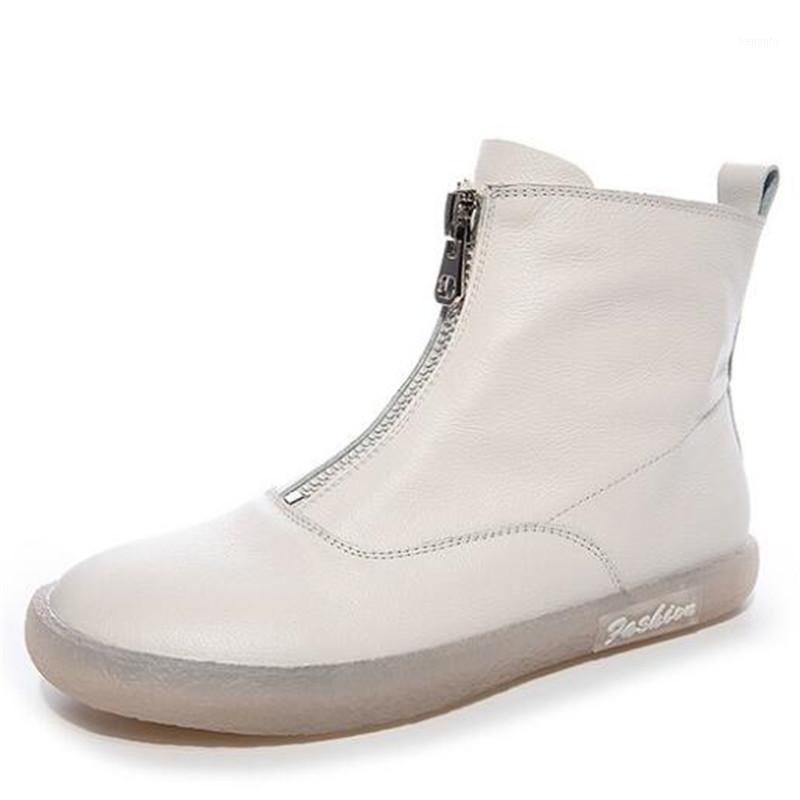 

Soft Cowhide Soft Bottom Non-slip Wear Flat Boots Autumn Boots Front Zipper Genuine Leather Shoes Woman Short Riding1, Beige