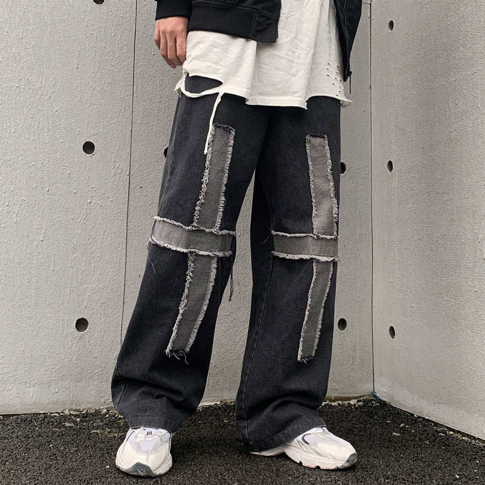 

2020 Cross Splices Elastic Waistline Leg Wide Male Jeans Streetwear Hip Vintage Brem Pants Dfjr, Black