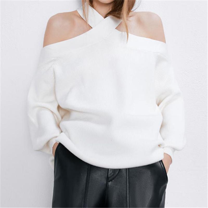 

Sexy Off Shoulder Knitted Sweater Women cross halter sweaters elegant knitted pullovers Women Loose Sweater Female Jumper, Black