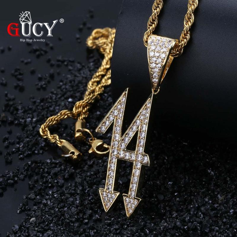 

GUCY Hip Hip Iced Out Number 14 Pendants&Necklaces Micro Pave Cuban Zircon Stone Pendant Necklace Gold Silver Color Gift For Men