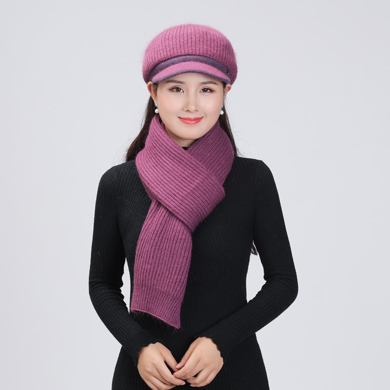 

2020 New Women Winter knitted Hat Scarf Set Beautiful Lady Elegant Beret Warm Thicken Women's Hats Fur Knitted Beanies, Light purple hat