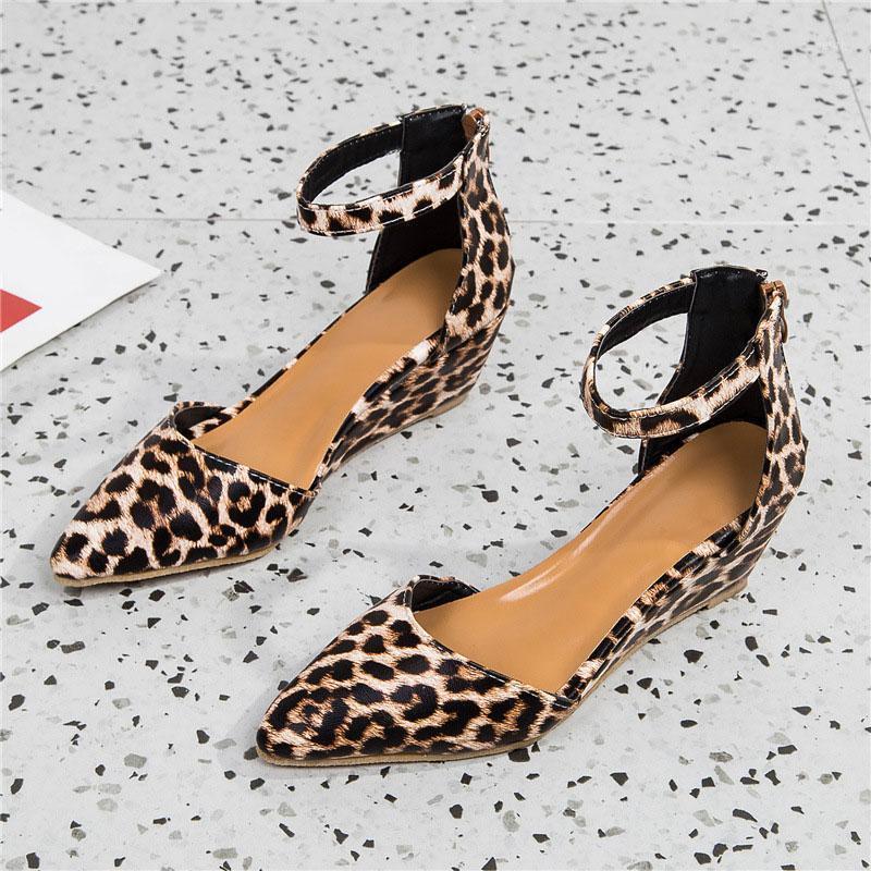 

Women Leopard Wedge Ankle Strap Pumps Zip Suede Pointed Toe Shallow Ladies Shoes Summer Plus Size Casual Fashion High Heel1, Brown