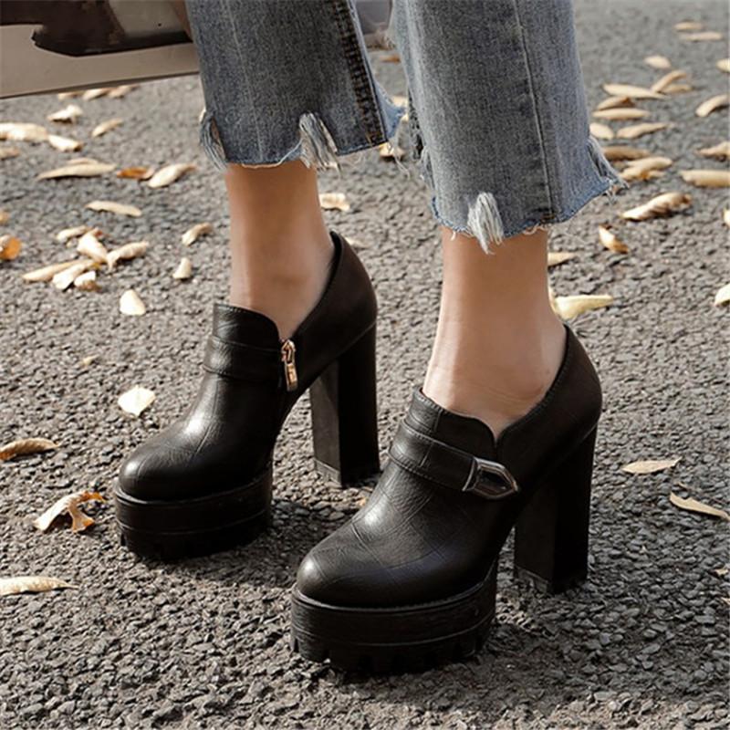 

PXELENA Retro Women Block Chunky High Heels Pumps Platform PU Leather Punk Gothic Dress Party Nightclub Shoes Plus Size 34-42, Beige