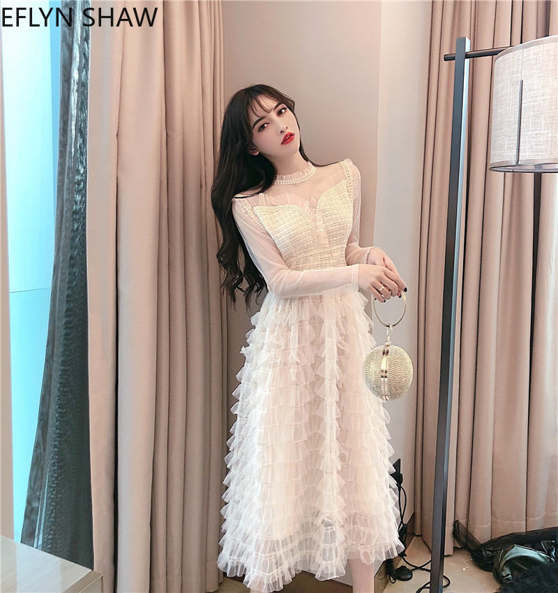 

2021 New Cute Fairy Knit Sweet Ladies Wear Threads Sheer Cake Cascade Sleeves Formal Waist-high Dress Long Dresses I7XX, Black