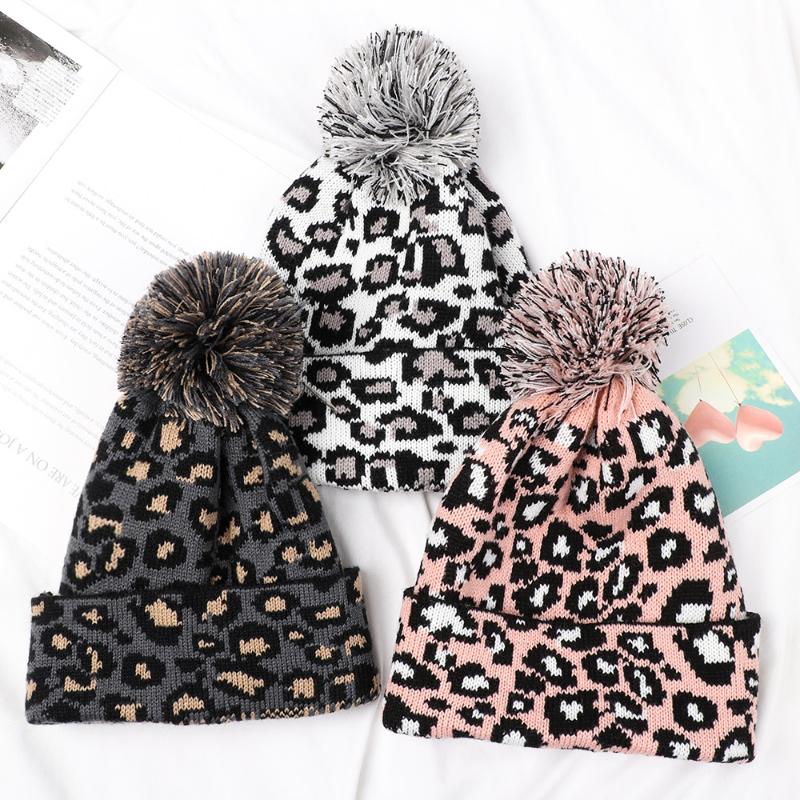 

Winter Autumn Women Fashion Leopard Print Hat Beanie Knitted Hat Cute Fur Pom Poms Warm Ski Cap, Grey