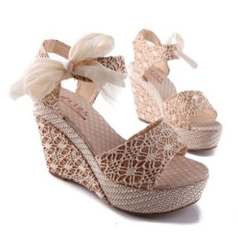 

New Summer Women Bowknot Open Toe Pump High Heel Shoes Wedge Platform Sandals, Beige