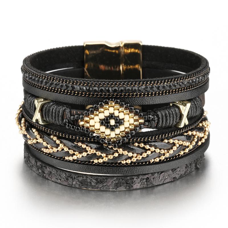 

Multilayer wide leather beaded ladies bracelet braided rope handmade fashion jewelry
