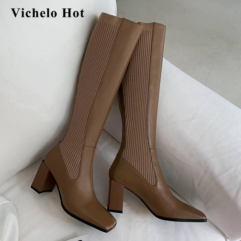 

Vichelo Hot knitting boots genuine leather patchwork square toe thick high heel back zipper nightclub dating knee-high boots L17, Black