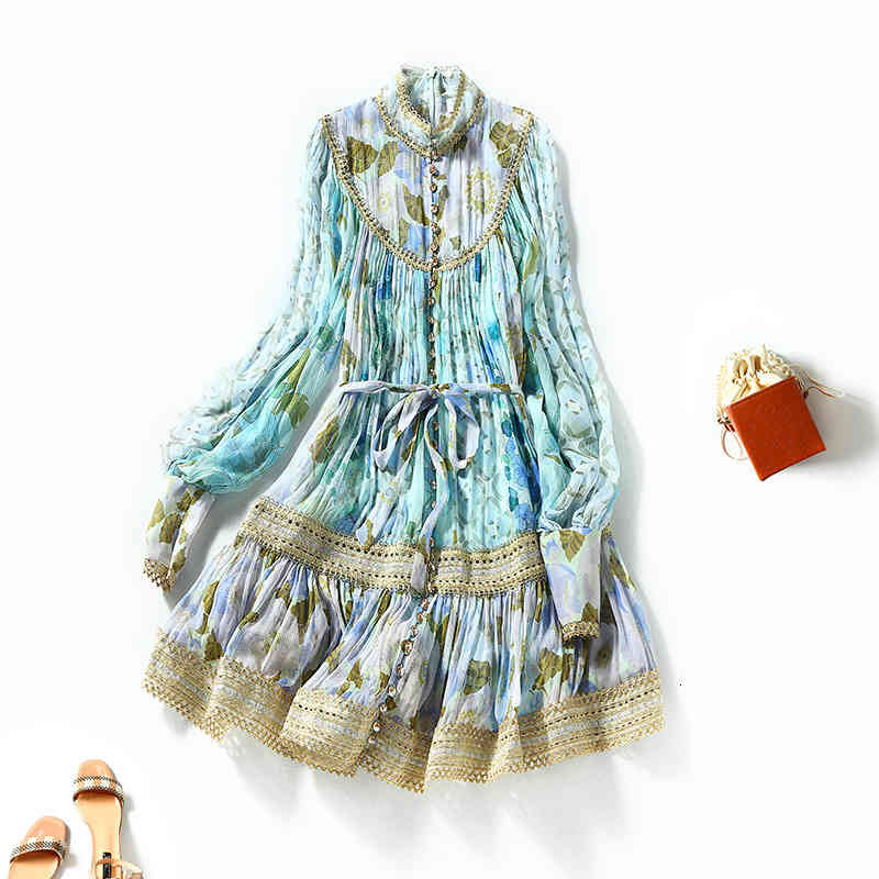 

Casual Dresses High end lady print stand collar simulation silk fairy skirt long sleeve heavy industry stitching lace Shenzhen Dress Medium HJ7S, Blue