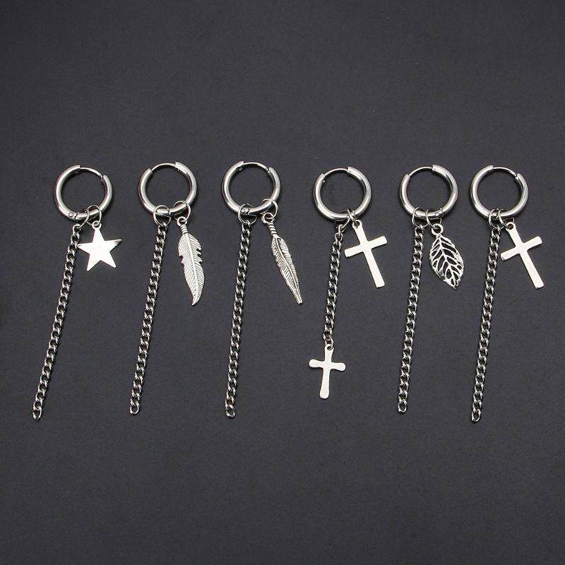 

Gothic Stainless Steel Cross Feather Star Leaf Chain Dangle Hoop Earrings