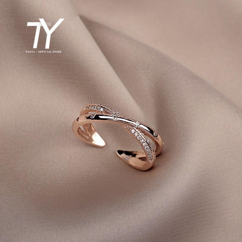 

Simple light luxury cross zircon open ring fashion design Korean female jewelry sexy rose gold adjustable ring wedding