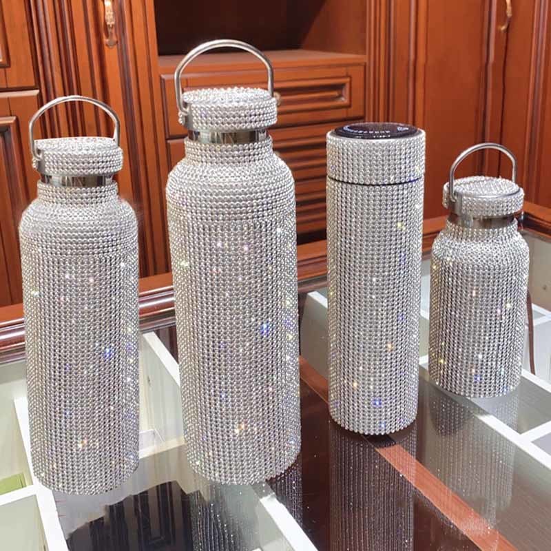 

350ML/500ML/750ML Diamond Thermos Bottle Water Bottle Stainless Steel Sparkling Vacuum Flask Tumbler Mug Thermocup for Gift 201126