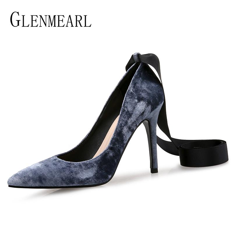 

Women Shoes High Heels Pointed Toe Woman Pumps Party Shoes Spring Velvet Lace-up Office Ladies Shoe Dress Plus Size Female Pumps, Grey shoes 10cm