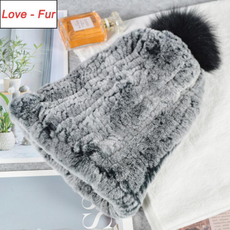 

Beanie/Skull Caps Quality Real Fur Pompom Ball Hats Women Knit Elastic Rex Beanies Winter Genuine Hat Skullies1, Grey