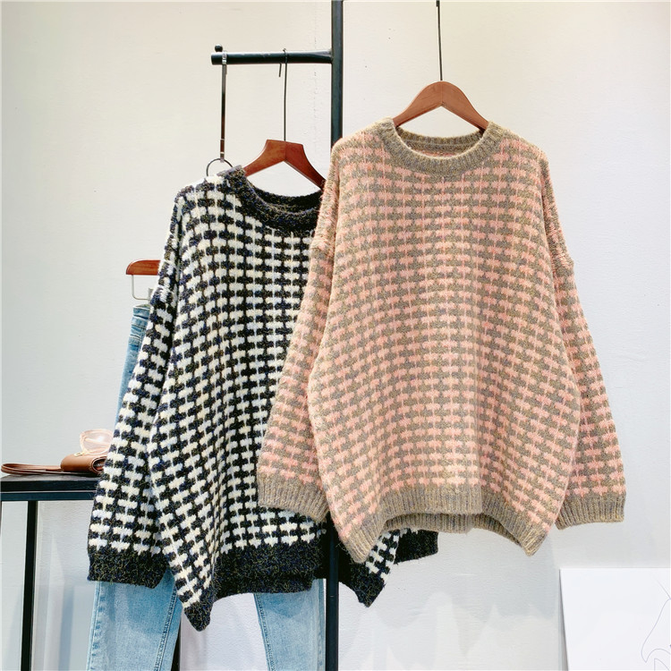 

2021 New Autumn O-neck Long Sleeve Plaid Warm Sweater Fashion Winter Casual Women Pullovers Pull Femme 67z8, Black