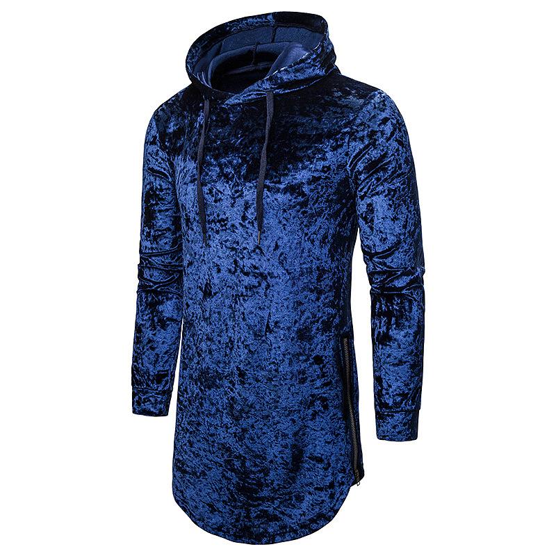 

Autumn men side zipper velvet hip hop long t shirt punk hooded tshirt man vintage casual velour tee shirts streetwear, Black