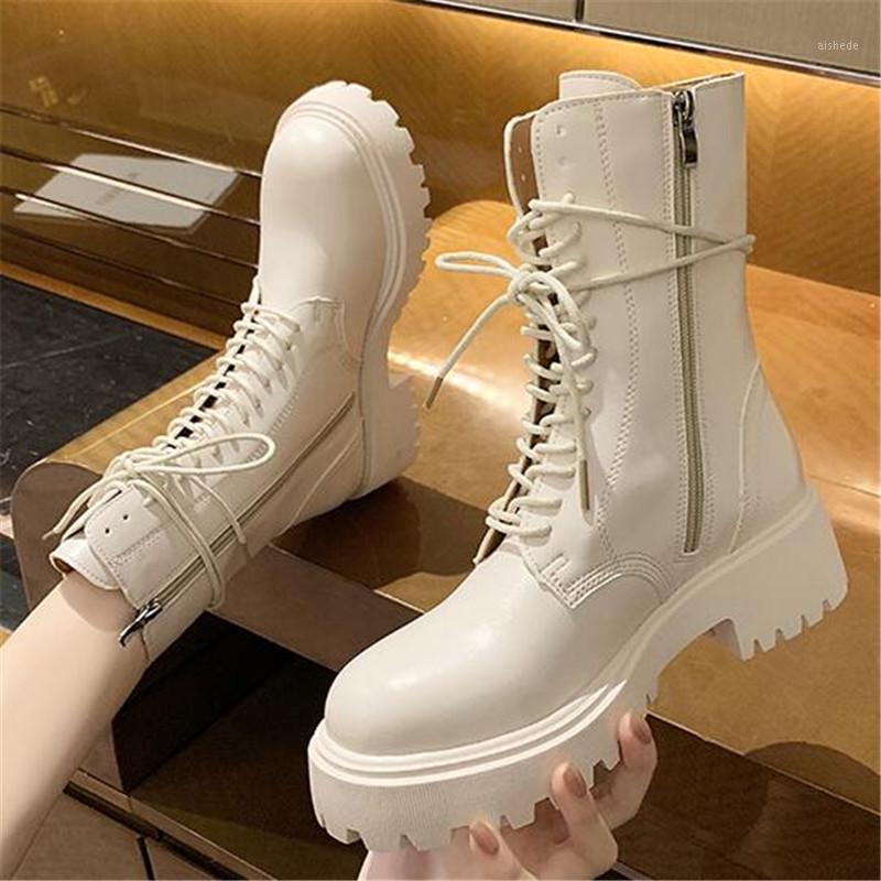 

2021 Winter Fashion Women Beige Lace Up Boots Black Wedges High Heels Platform Punk Motorcycle Boots Ankle Shoes1