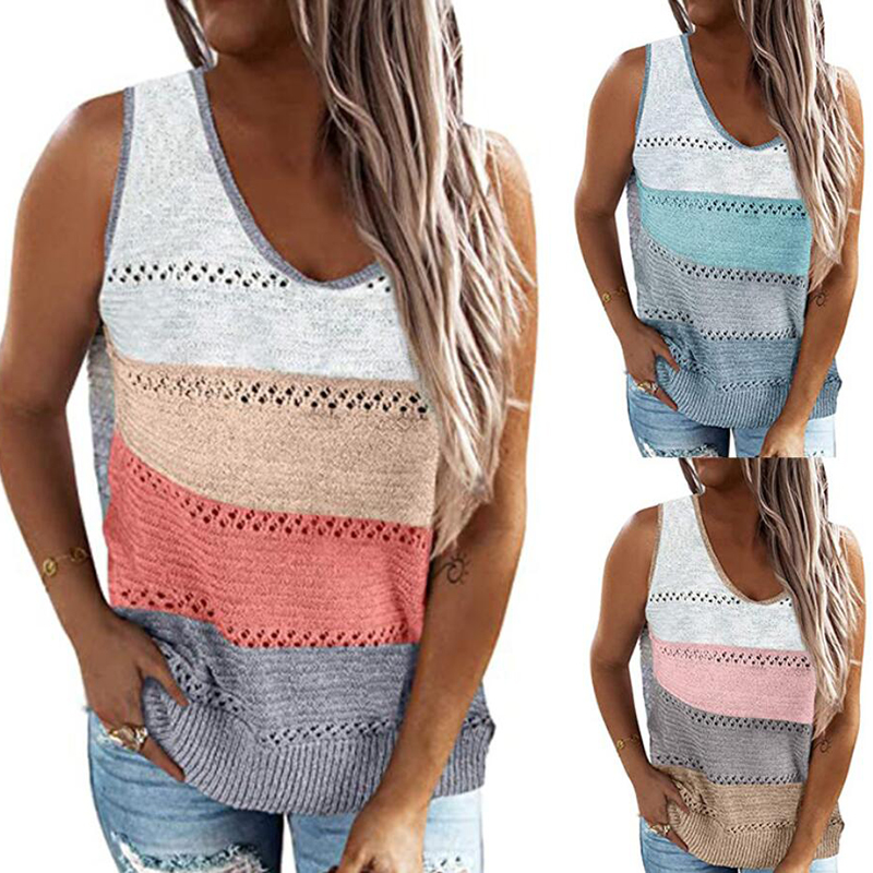 

Knitted Hollow Out Sleeveless V-neck Vests Spring Summer Casual Wear Striped T-shirts Tank Tops Female Clothing, Pink