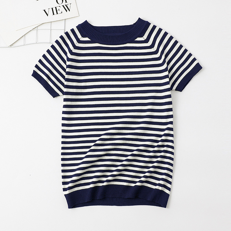 

2021 New Women Tops O-neck T-shirt Summer Short Sleeve Striped Shirts Tees Sweater Knitted t Shirt Korean Pull Femme Jumper Female Mm89, Black