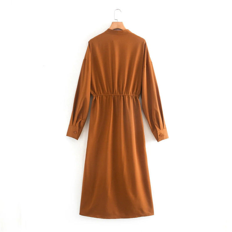 

2021 New Women Vintage V-neck Inside Button Wrap Midi Dress Fashion Long Sleeves Pleated Cuffs Elastic Waist Side Pocket Dresses Hhq1, Tobacco