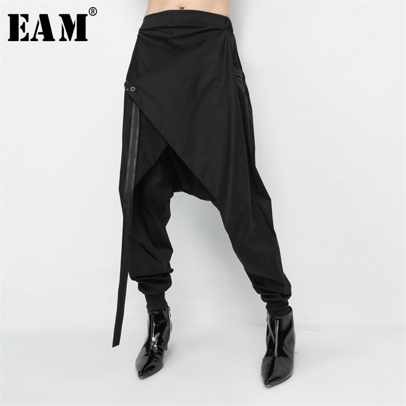 

[EAM] Spring Black Loose Elastic Waist Lace Up Spliced Personality Casual Harem Pants Fashion New Women's LA982 201228