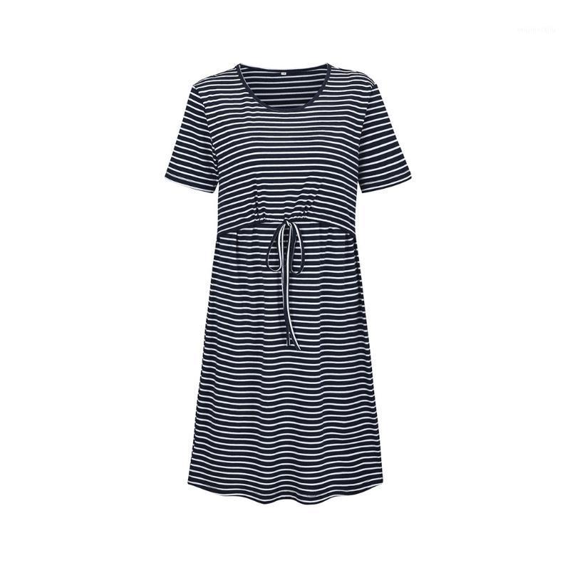 

SAGACE pregnant mother breastfeeding stitching layered striped bow dress pregnant women cotton short-sleeved home pajamas skirt1, Navy blue