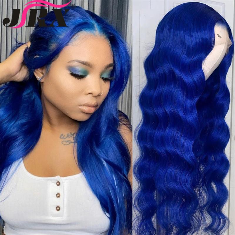 

Transparent Lace Wigs Blue Color Loose Wave Lace Front Human Hair Wigs Preplucked Peruvian Hair Closure Wig 180 Density, T part wig