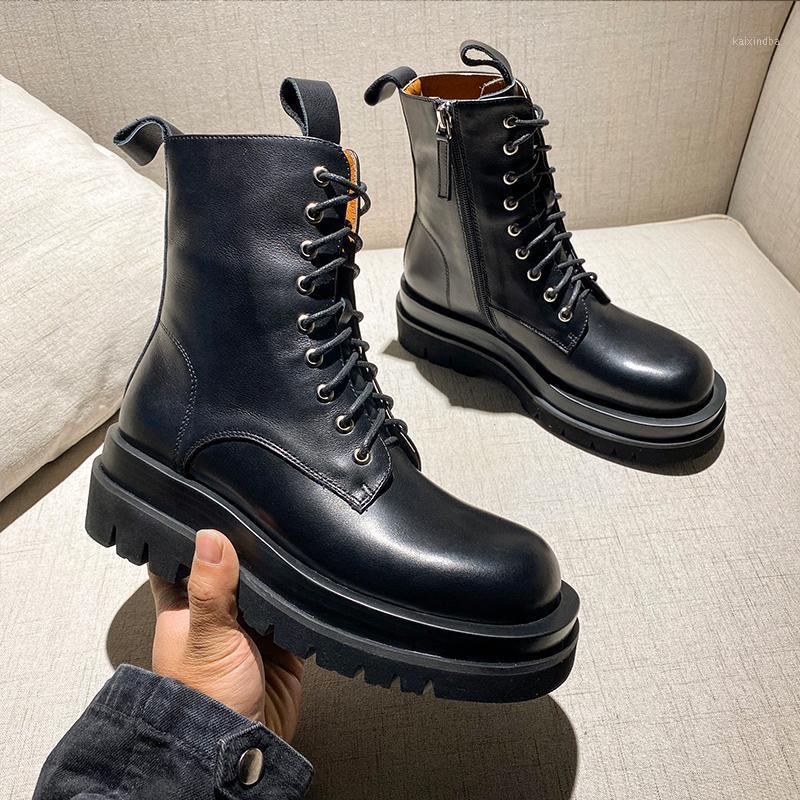 

Genuine Leather Motorcycle Boots Black Leather Round Toe Flat Heel Winter Shoes Women Combat Boots1