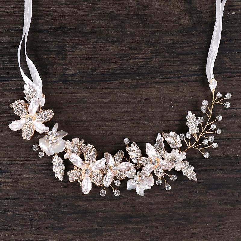 

Luxury Copper Wire Leaf Headband Enamel Painted Metal Flower Magnificent Hair Vine Shell Crystal Ribbon Headdress Party Gift1
