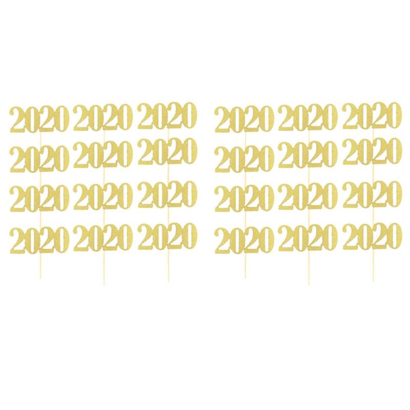 

24Pcs/Pack Glitter 2020 New Year Party Cake Topper Placard Number Shape Cupcake Topper Flags Sticks Decoration for Home, Gold