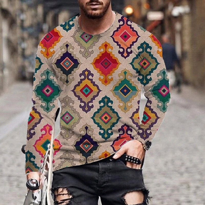 Men's T shirt Graphic Tribal Argyle Crew Neck Casual Daily Long Sleeve Tops Lightweight Casual Fashion Classic Blue Khaki Royal Blue 54Ts#