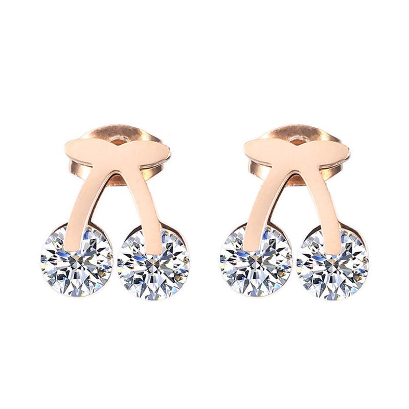 

Stud 316L Stainless Steel Fruit Cherry Zircon Earrings Ohrringe Elegant Brincos Feminino Frete GrÃ¡tis Pendientes De Acero Inoxidable, Golden;silver