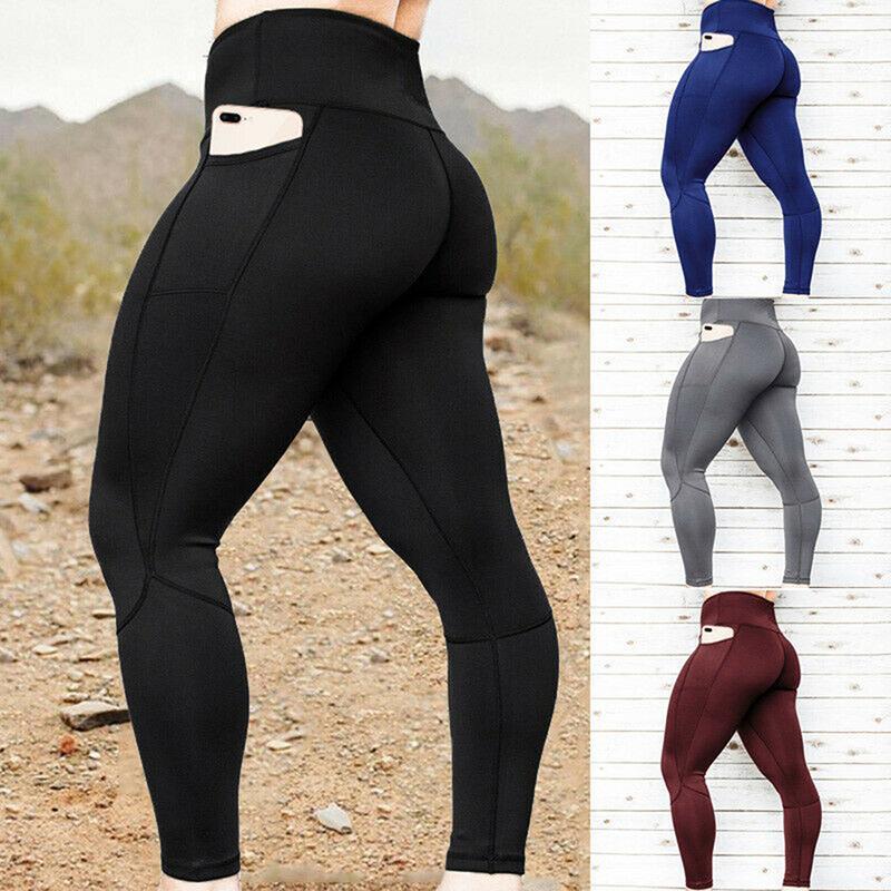 

Women Solid Color Leggings High Waist Yoga Pants Skinny Sports Pants Hip Lifting Leggings with Side Pockets1, Red