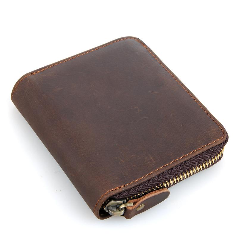 

New 100% Genuine Leather Vintage Men Short Wallet Coin Purse Small Card Holder Male Zipper Wallet Pocket Real Leather Money bag, Brown