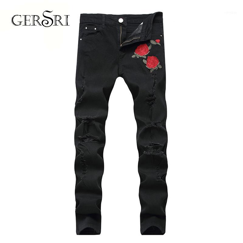 

Men's Jeans Gersri Fashion Ripped Men Patchwork Flower Printed Knee Hole Pants Man Cowboys Demin Male Drop1, Post embroidery