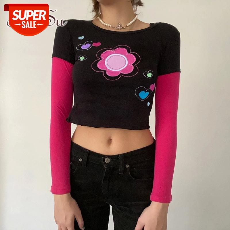 

ArtSu Vintage Y2K Aesthetics Patchwork Floral T-Shirts Fashion Heart Embroidery Pink Long Sleeve Crop Tops E-Girl Tees TS52651 #Ff2K, White