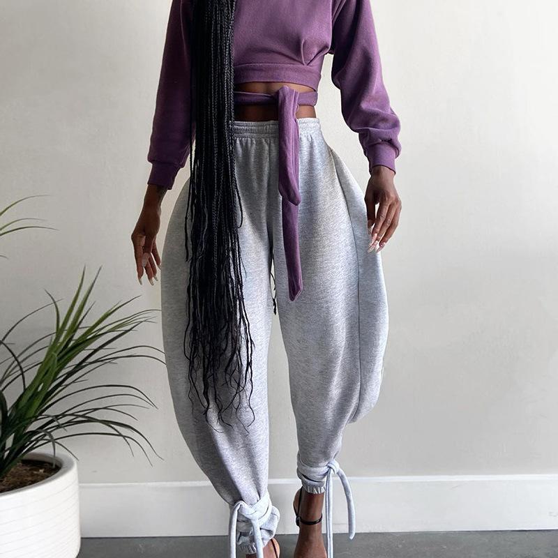 

SheBlingBling Harem Pants Chic Women Trousers Lace Up Hem Bloomers Pants Elastic High Waist Casual Oversized Ankle Length, Grey