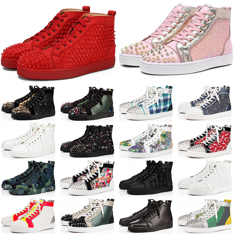 

Classic Design Red Bottom Casual Shoes Men Low Cut Sneakers Crystal Rivets Junior Spikes Men's Flat Suede Green Mesh Leather Spikes Loa, Black